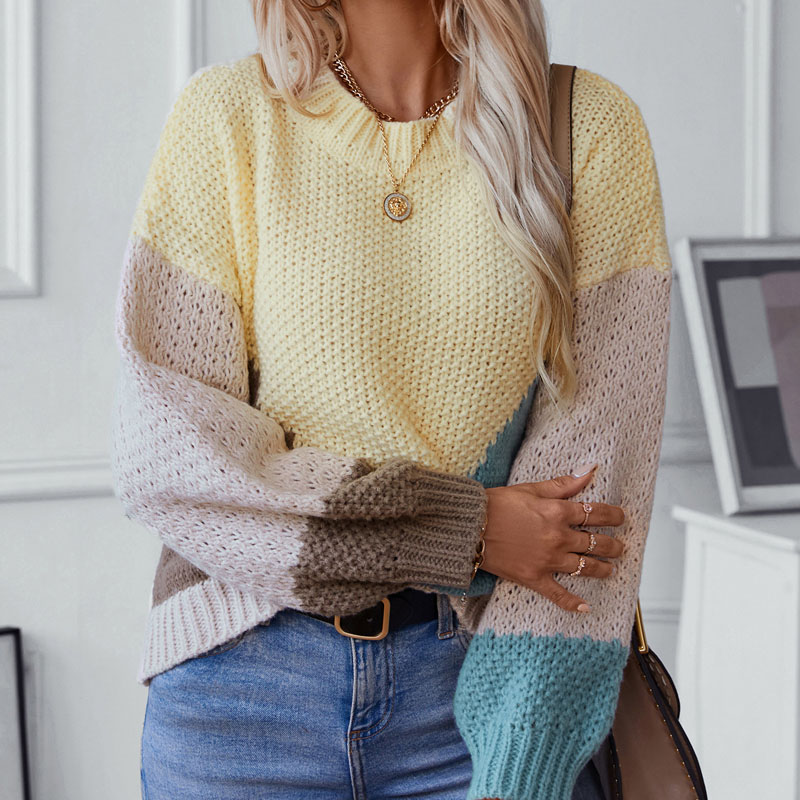 Women Crewneck Pullover Color Block Swater
